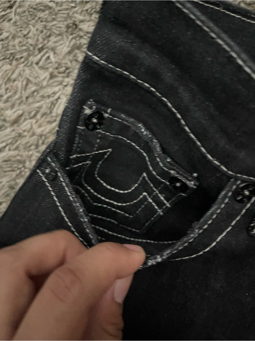 True Religion Black Denim Raw Hem Back-Pocket Shorts - Picture 2 of 6